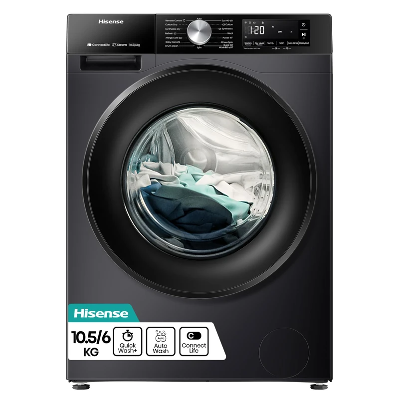 Hisense 3S Series WD3S1043BB3 Wifi Connected 10.5Kg and 6Kg Washer Dryer with 1400 rpm - Black - A-D Rated