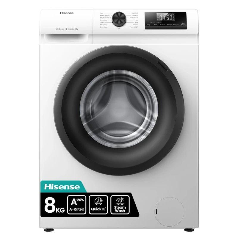 Hisense 1Q Series WF1Q8041BW Freestanding 8 KG Front Load Washing Durable Inverter Machine, Steam Wash, Quick Wash, 15 Washing Programs 1400 RPM White - Energy Rating A