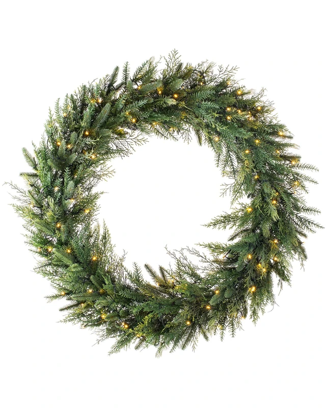 WeRChristmas Pre-Lit Natural Fir Christmas Wreath Decoration, 100 Warm White LEDs, Green, 1 m