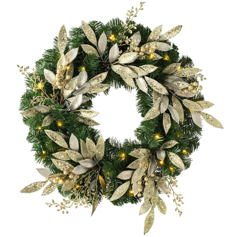 WeRChristmas Pre-Lit Decorated Christmas Wreath with 35 Warm White LED Lights, Champagne, 60 cm