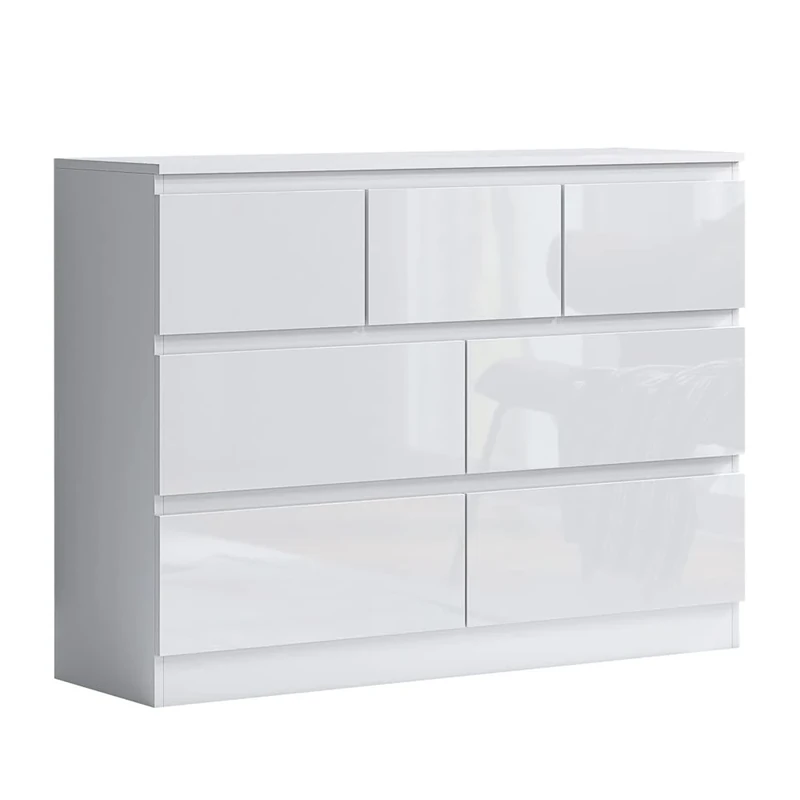 FWStyle Merchant 7 Drawer Chest of Drawers Matt White frame with White Gloss Fronts – Contemporary Scandinavian Bedroom Storage Unit with Deep Spacious Drawers and Durable Melamine Scratch