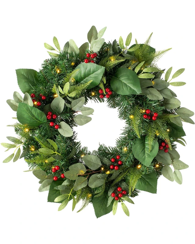 WeRChristmas Pre-Lit Eucalyptus and Berry Decorated Wreath with LED Lights, Green, 60 cm - Image 1