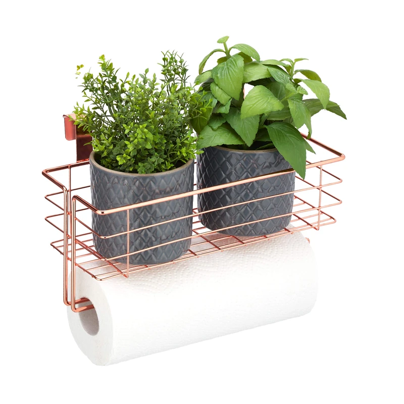 Relaxdays Hanging Basket, Lattice Storage with Roll Holder or Towel, Kitchen & Bathroom, Metal, HWD: 18x31x17 cm, Copper