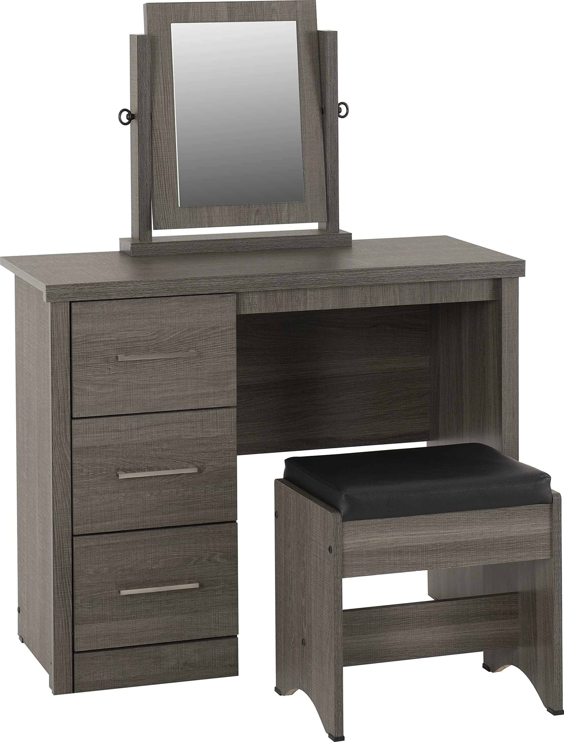 Seconique Lisbon 3Pc Dressing Table Set (With Mirror) in Black Wood Grain/Black Pu