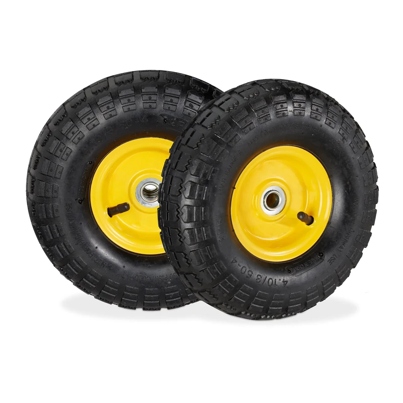 Relaxdays Set of 2 Wheelbarrow Tyres, 4.1/3.5-4, Pneumatic Spare Wheel, 16 mm Axle, max. 136 kg, Steel Rim, Black/Yellow