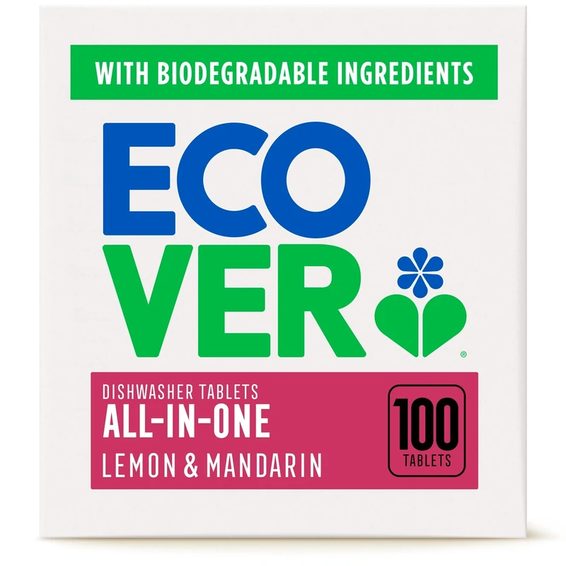 Ecover All in One Dishwasher Tablets, All-In-One Dishwasher Salt & Rinse Aid, Power Cleaning, Mandarin and Lemongrass Scent, Pack of 1, 100 Tablets