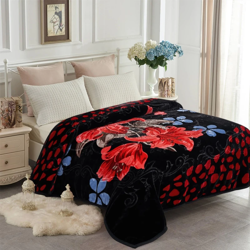 JYK Korean Faux Mink Fleece Blanket 83" X 91", 5.7 LB - 2 Ply Reversible Soft Warm Plush Flannel Blanket (Rose/Black, King)