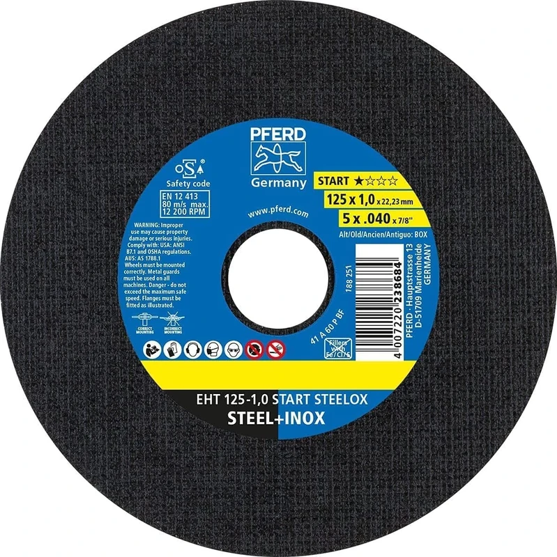 PFERD Cutting Discs, Pack of 50 | EHT 125 x 1.0 x 22.23 mm Straight Start Line Start Steelox | 69198290 - for Steel, Stainless Steel (INOX)