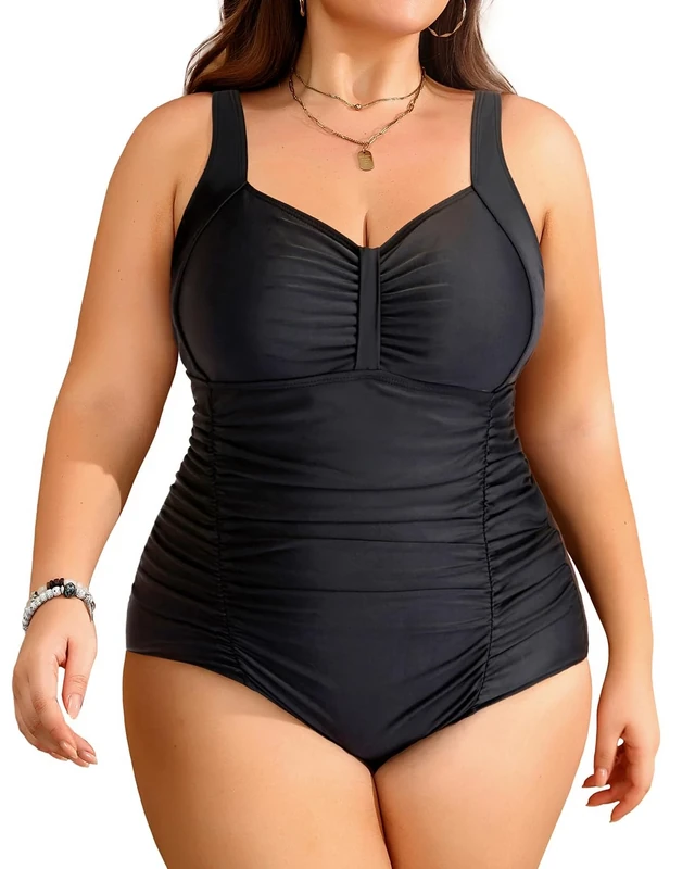 Daci Women Plus Size One Piece Swimsuits - Tummy Control Retro Ruched Bathing Suits Vintage Swimwear, Black, XL