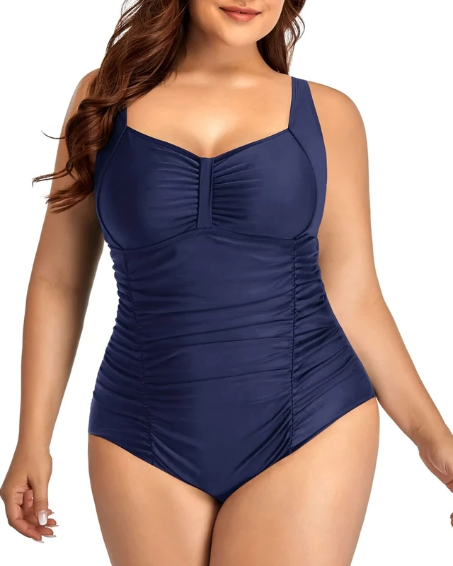 Daci Women Plus Size One Piece Swimsuits - Tummy Control Retro Ruched Bathing Suits Vintage Swimwear, Navy Blue, XL