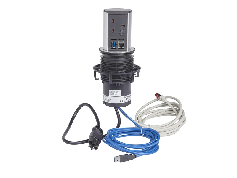 Schneider Electric Mita - Single Pop-up Tower Socket, Desk Power Socket System, with Single USB Charging Ports and Data Outlet, RJ45, INS93111, Black with Metallic Frame