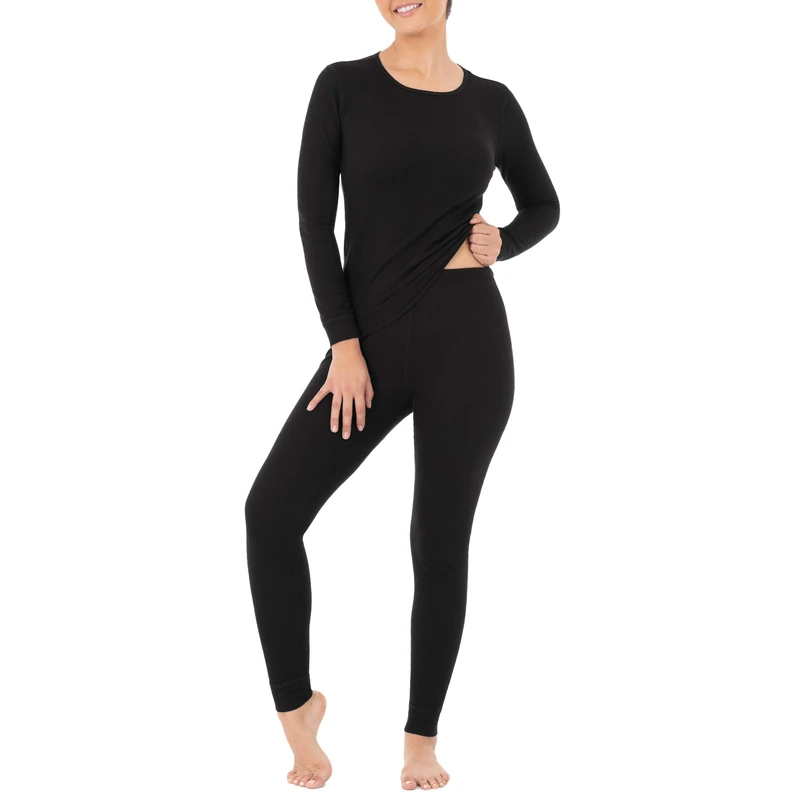 Fruit of the Loom Women's Micro Waffle Premium Thermal Set Pajama, Black, Large