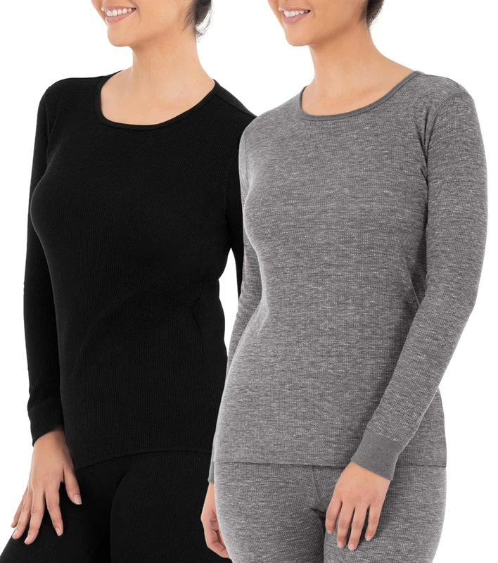 Fruit of the Loom Women's Micro Waffle Premium Thermal Underwear Tee Shirt Pajama Top, Black/Smoke Heather, X-Large