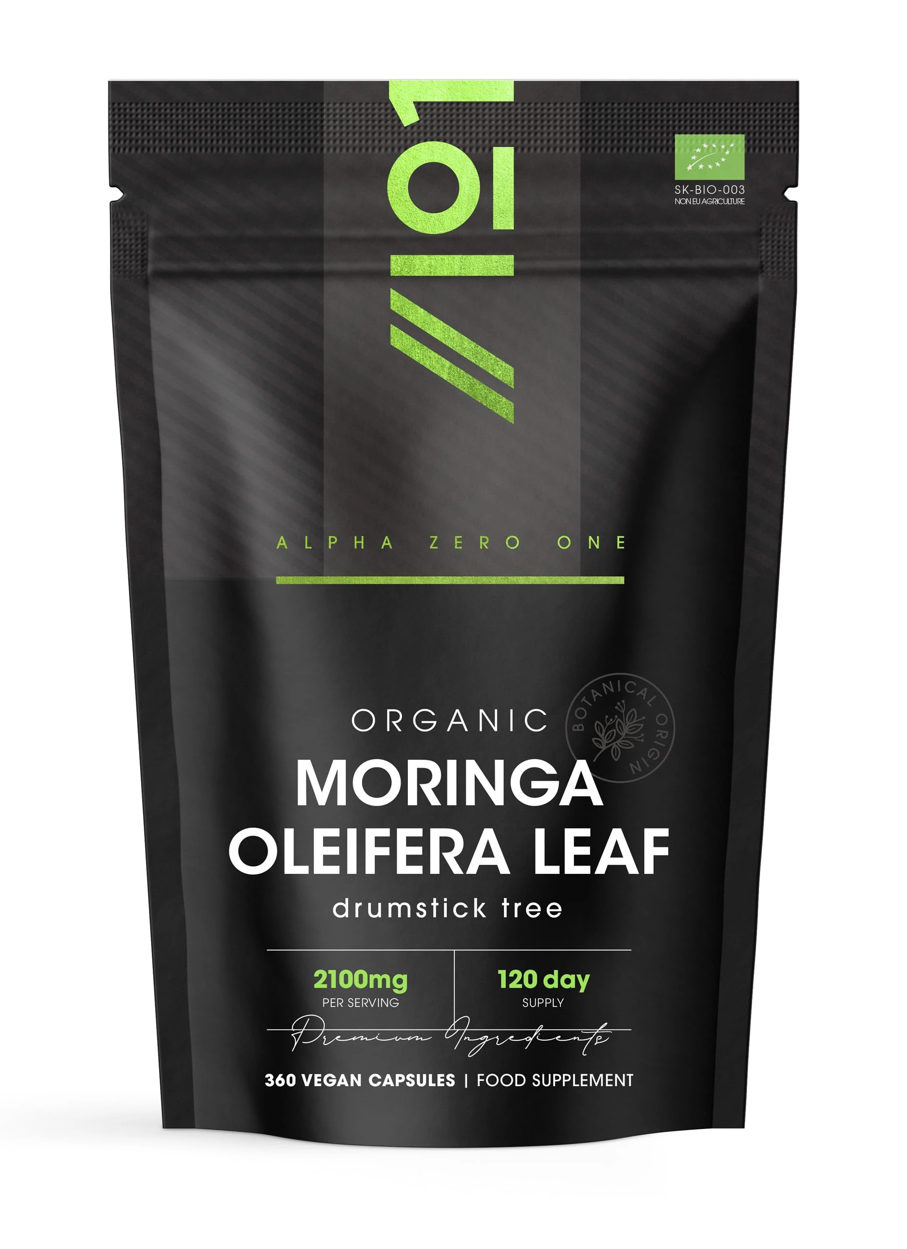 Organic Moringa 2100mg – 360 Vegan Capsules – Raw Moringa Oleifera Leaf - Rich in Vitamins, Antioxidants & Amino Acid - Resealable and Recyclable Pouch – by Alpha01