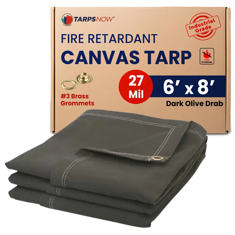 TarpsNow - 6’ x 8’ 100% Industrial Grade Fire Retardant Canvas Tarp - Water, UV-Ray & Mildew Resistant w/Brass Grommets (16 oz & 18 Mil)
