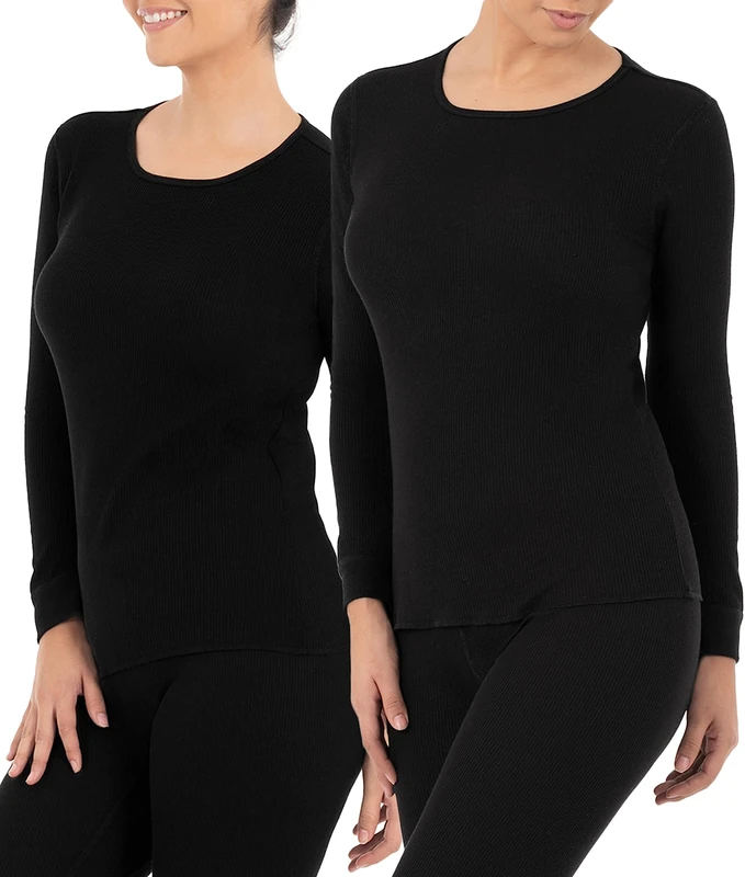 Fruit of the Loom Women's Micro Waffle Premium Thermal Underwear Tee Shirt Pajama Top, Black/Black, X-Large