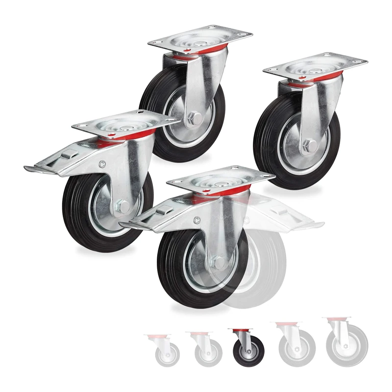 Relaxdays Heavy Duty Castors Set of 4, Rotatable, 2 Wheels, with Brake, Load Capacity up to 320kg, Wheel D: 125mm, Black