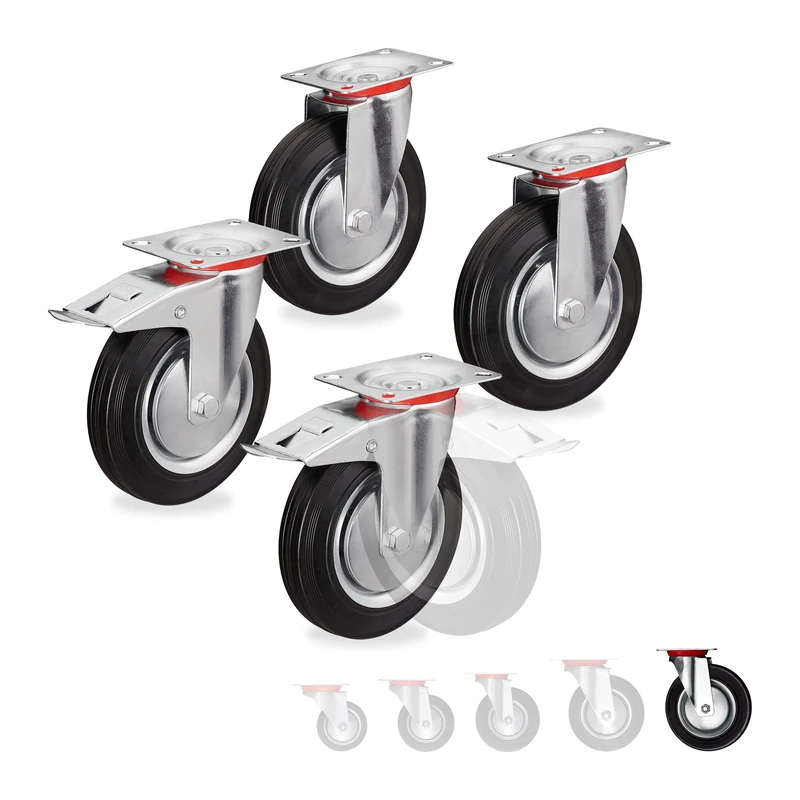 Relaxdays Heavy Duty Castors Set of 4, Rotatable, 2 Wheels, with Brake, Load Capacity up to 800kg, Wheel D: 200mm, Black