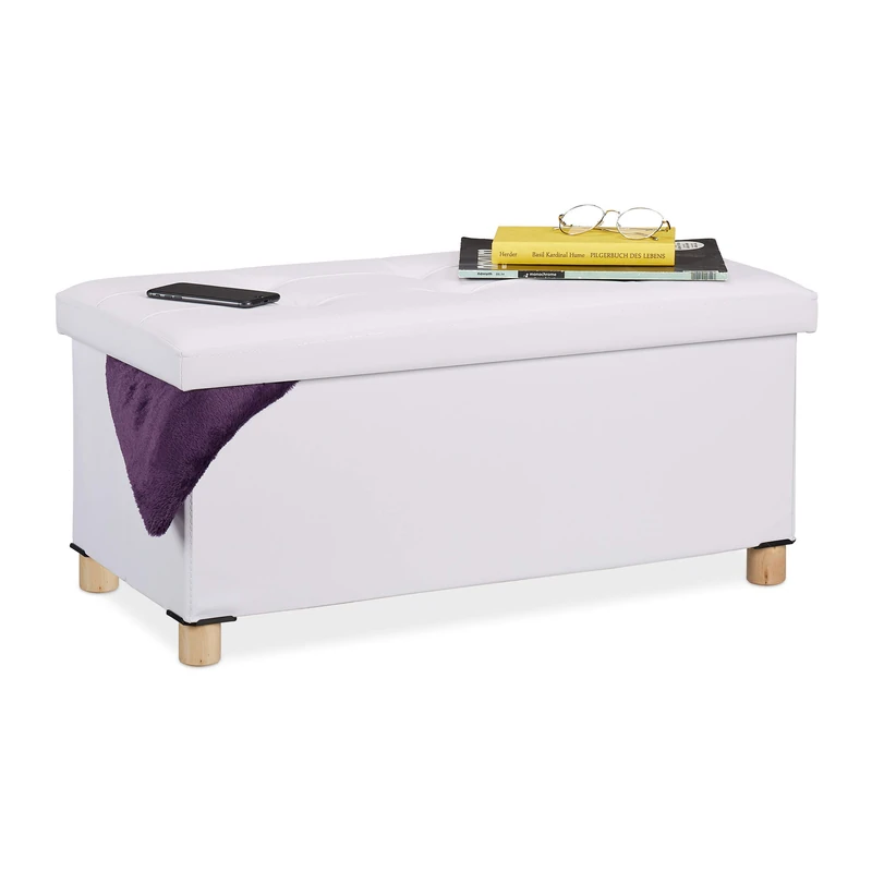 Relaxdays Storage Bench, Leather Cover, Wooden Feet, H x W x D: approx. 35 x 76 x 37 cm, White