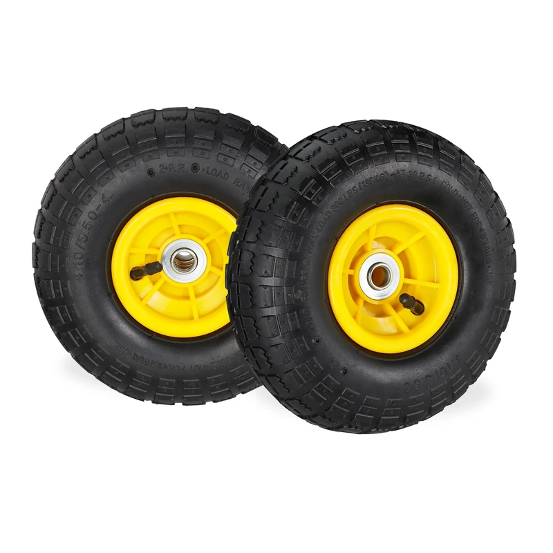 Relaxdays Set of 2 Wheelbarrow Tyres, 4.1/3.5-4, Pneumatic Spare Wheel, 16 mm Axle, Supports up to 136 kg, Black/Yellow