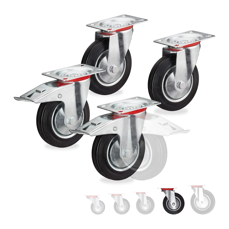 Relaxdays Heavy Duty Castors Set of 4, Rotatable, 2 Wheels, with Brake, Load Capacity up to 400kg, Wheel D: 160mm, Black - Image 1