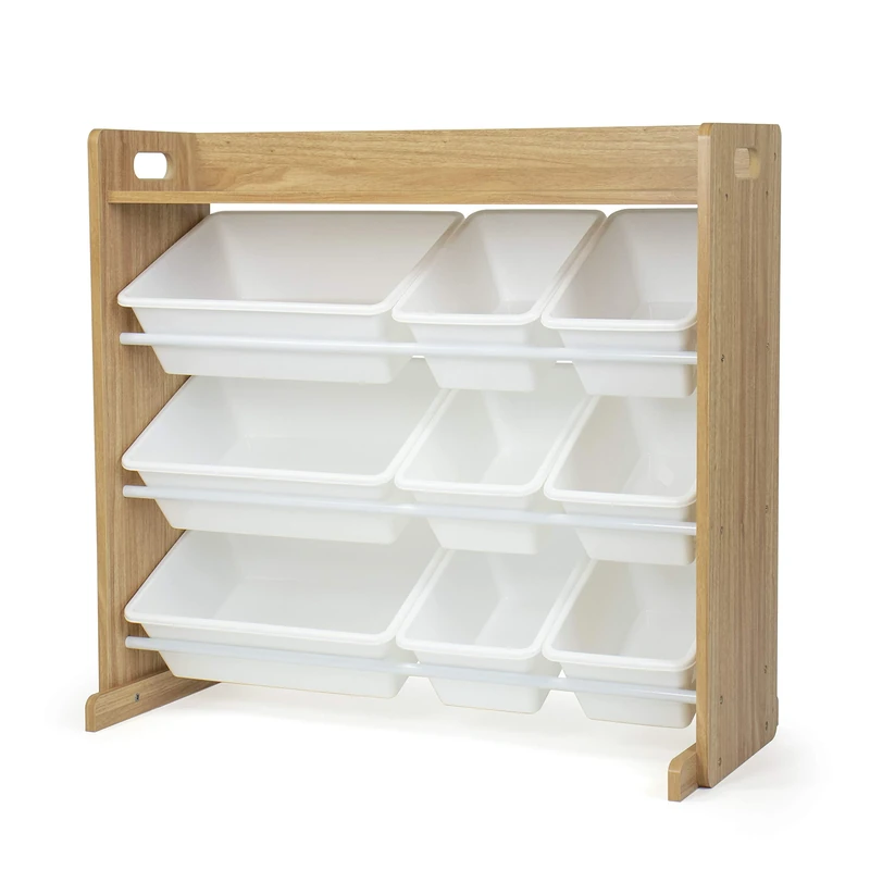 Humble Crew Cambridge Large Wooden Toy Shelf Storage Organiser for Children with 9 BPA Free Plastic Removeable Storage Bins, Ideal for Storing Toys, Games, Books and Craft Supplies- Natural Wood/White