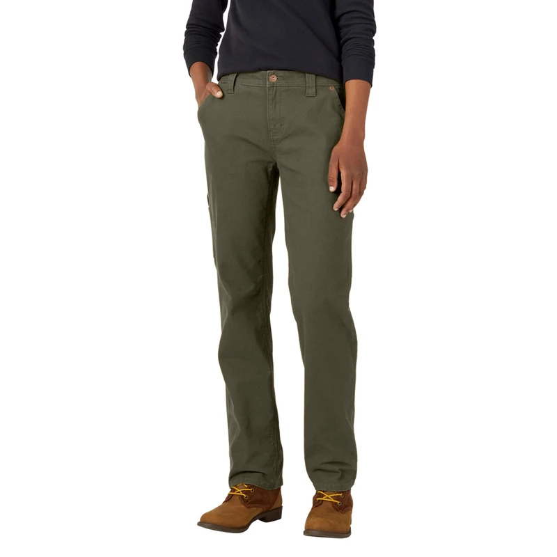 Dickies Women's Relaxed Straight Carpenter Duck Pant, Rinsed Moss Green, 14