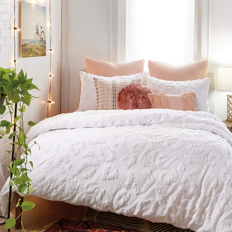 Peri Home Chenille Leopard 100% Cotton 3-Piece Duvet Cover & Sham Set, Full/Queen, White