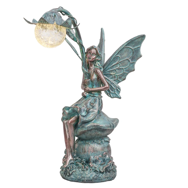 TERESA'S COLLECTIONS Garden Decor Fairy Sculptures & Statues, Yard Decor, Solar Garden Fairy Statues and Figurines Outdoors, Patina Bronze 13.8 Inch