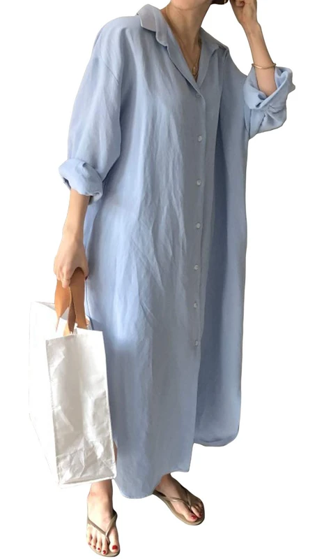GGUHHU Womens Chic Button Down Rolled-Up Sleeve Long Cotton Blouse Maxi Dress, Light Blue, XL
