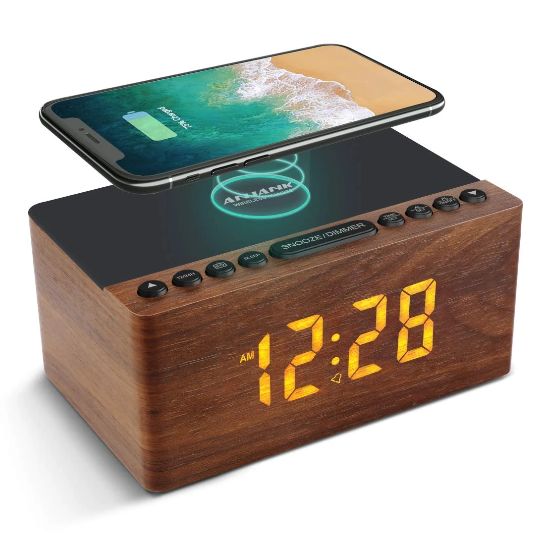 ANJANK Bedside Wooden FM Radio Alarm Clock,Super Fast Wireless Charger Station for Iphone/Samsung Galaxy,USB Charging Port, 5 Level Digital Dimmable Led Display,Mains Powered with Backup Battery