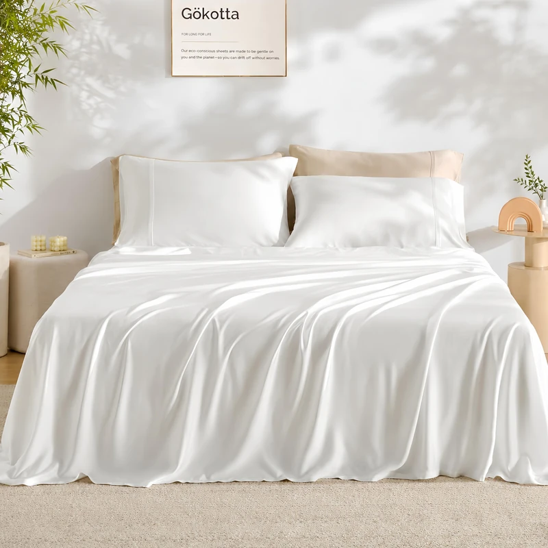 GOKOTTA Bamboo Flat Sheets 100% Rayon Bamboo Full Size Cooling Ultra Soft Luxury Breathable 4 Piece Set White