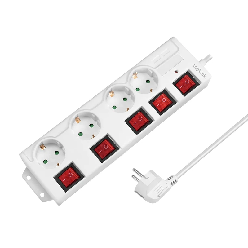 LogiLink LPS252 4-Way Power Strip (CEE 7/3), with 5 On/Off Switches, with Surge Protection + with Integrated Safety Shutter (Increased Contact Protection),