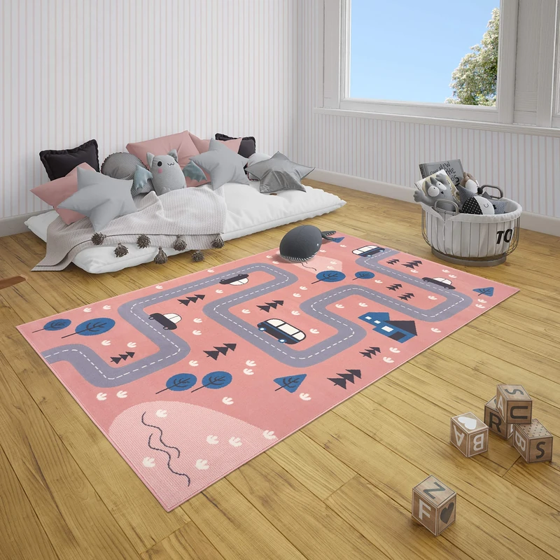HANSE Home Dream Street Children's Room Rug - Boys Girls Play Mat Short Pile Rug Modern Play Street Motif Soft Pile Easy Care Pink 120 x 170 cm