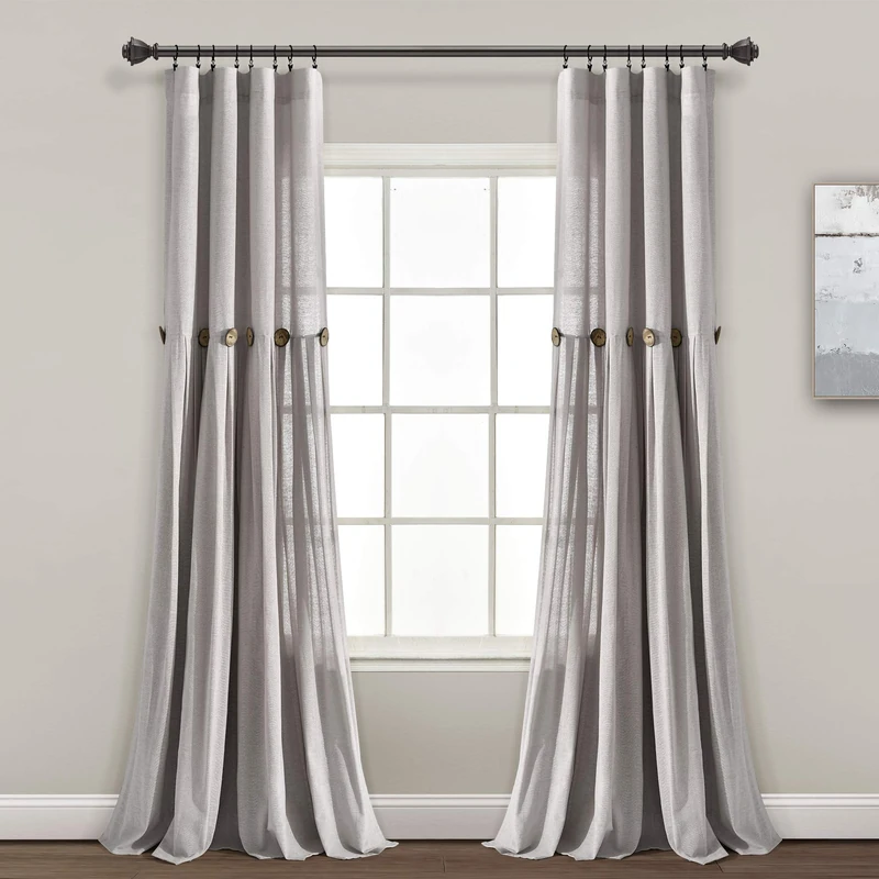 Lush Decor Linen Button Window Curtain Single Panel, Gray, 84" L x 40" W