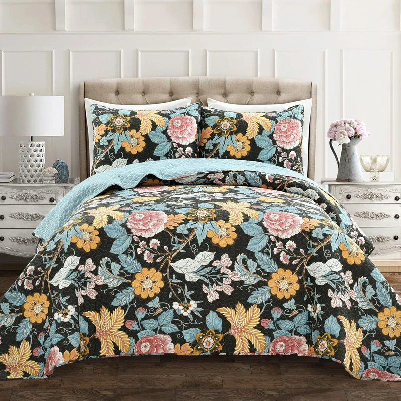 Lush Decor Sydney 3 Piece Quilt Set, Black/Blue, Full/Queen