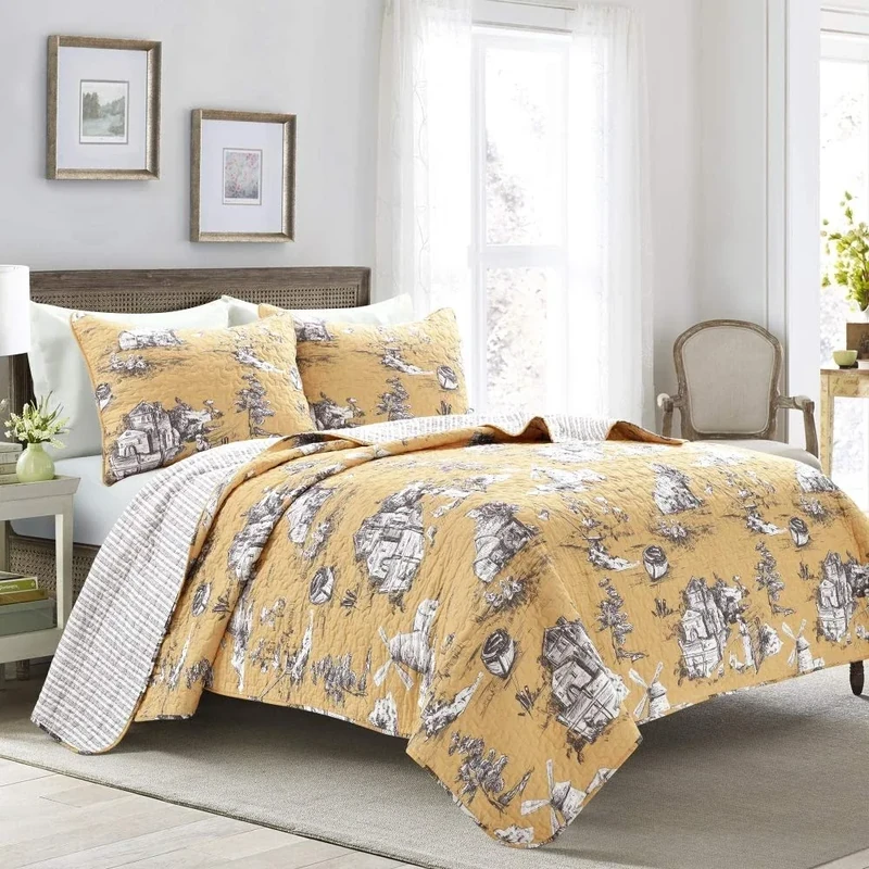 Lush Decor French Country Toile Cotton Reversible 3 Piece Quilt Set, Yellow/Gray, King