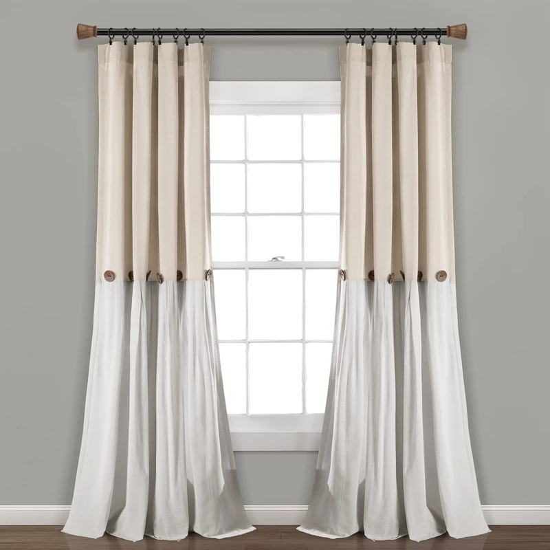 Lush Decor Linen Button Window Curtain Panel, Single, 40" W x 108" L, Linen - Country Curtains - Rustic Decor - Color Block Modern Farmhouse Curtains For Living Room, Bedroom & Dining Room
