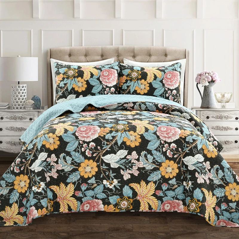 Lush Decor Sydney 3 Piece Quilt Set, Black/Blue, King