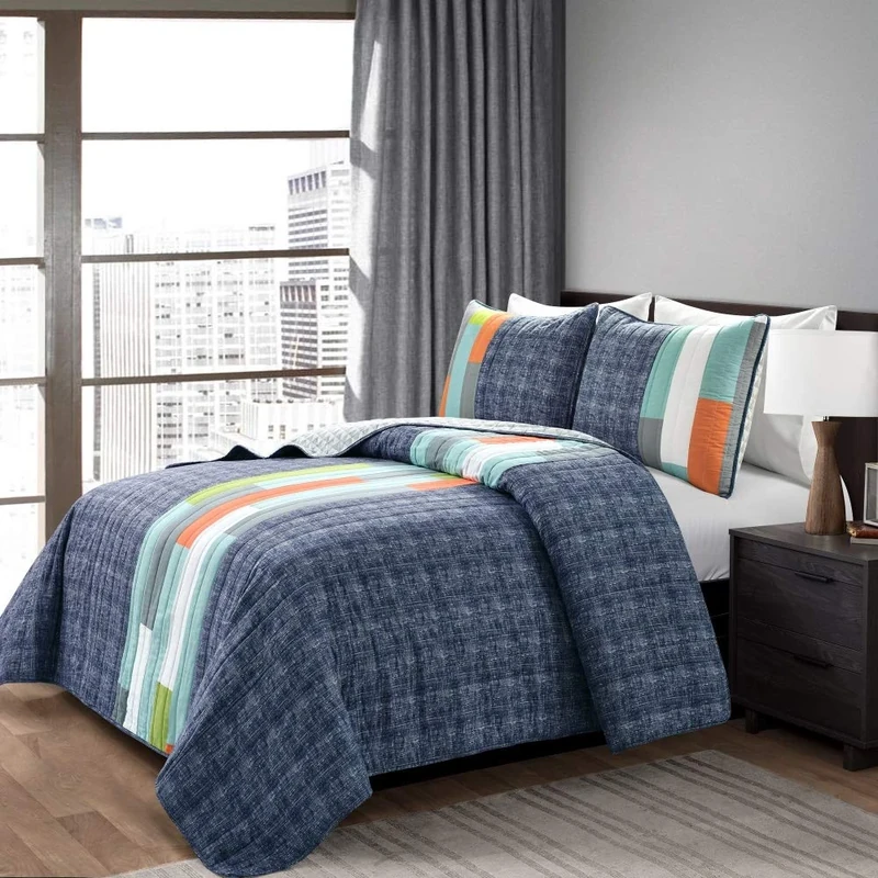 Lush Decor Shelly Stripe 3 Piece Quilt Set, Navy/Orange, Full/Queen