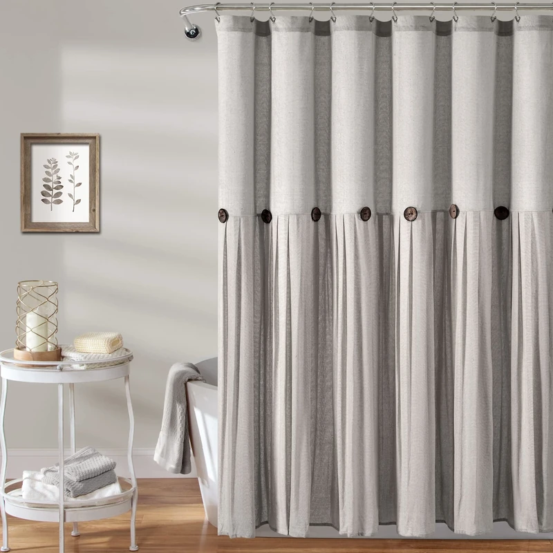 Lush Decor Linen Button Shower Curtain, 72" W x 72" L, Gray - Rustic Shower Curtain - Color Block Bath Curtain With Coconut Button Detail- Country & Modern Farmhouse Bathroom Decor - Image 1