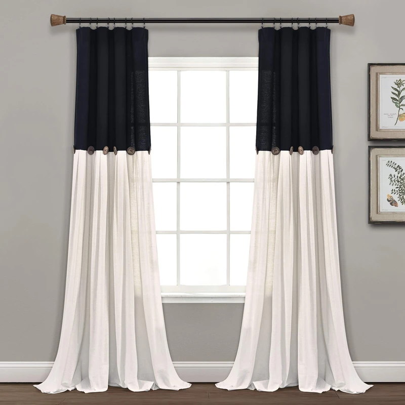 Lush Decor Linen Button Window Curtain Panel - Single Panel - Modern Farmhouse Curtain - Pleated Color Block Design With Coconut Husk Button Detail - 40" W x 95" L, Black & White