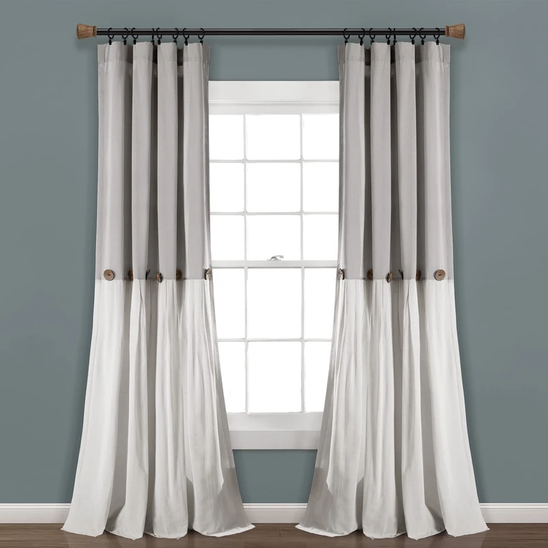 Lush Decor Linen Button Window Curtain Single Panel, Gray & White, 108" L x 40" W
