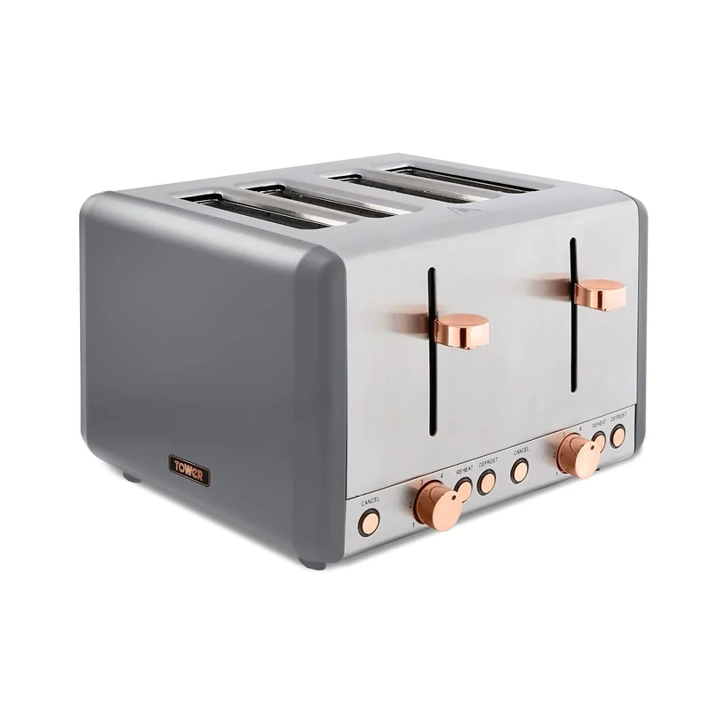 Tower T20051RGG Cavaletto 4-Slice Toaster with Defrost/Reheat, Stainless Steel, 1800W, Grey and Rose Gold