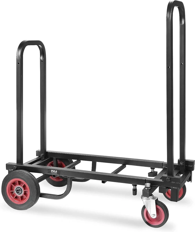 Pyle, Equipment Cart - Compact Folding Adjustable Heavy Duty Trolley, 8-in-1 Sack Truck, Platform Truck- on Wheels, Trolley w/ R-Trac Wheels, Black