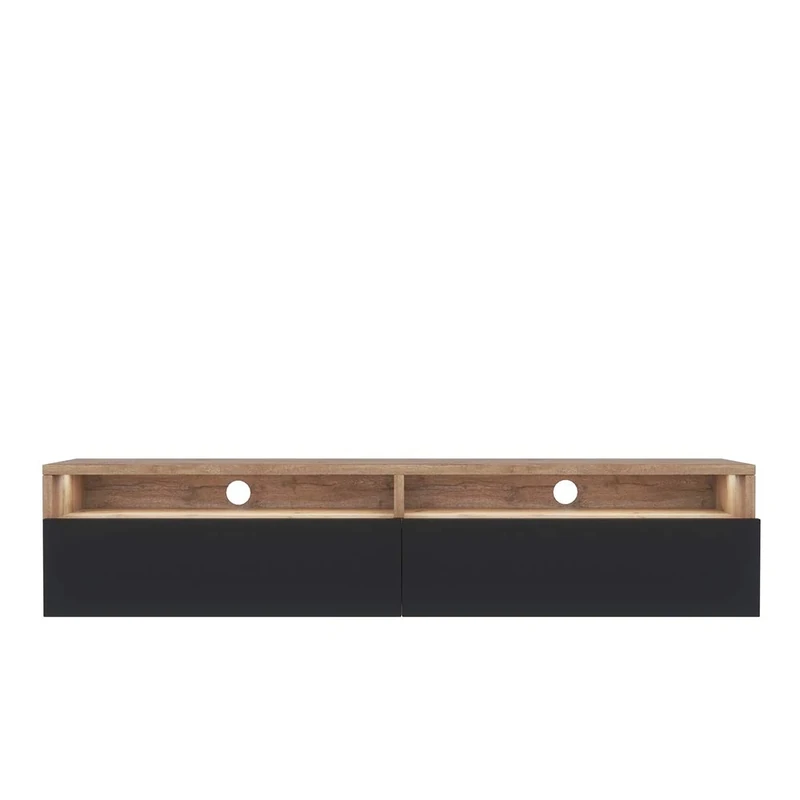Selsey REDNAW - Modern TV Stand/TV Cabinet with 2 Drawers / 140 cm/Wotan Oak/Black Gloss/LED lighting