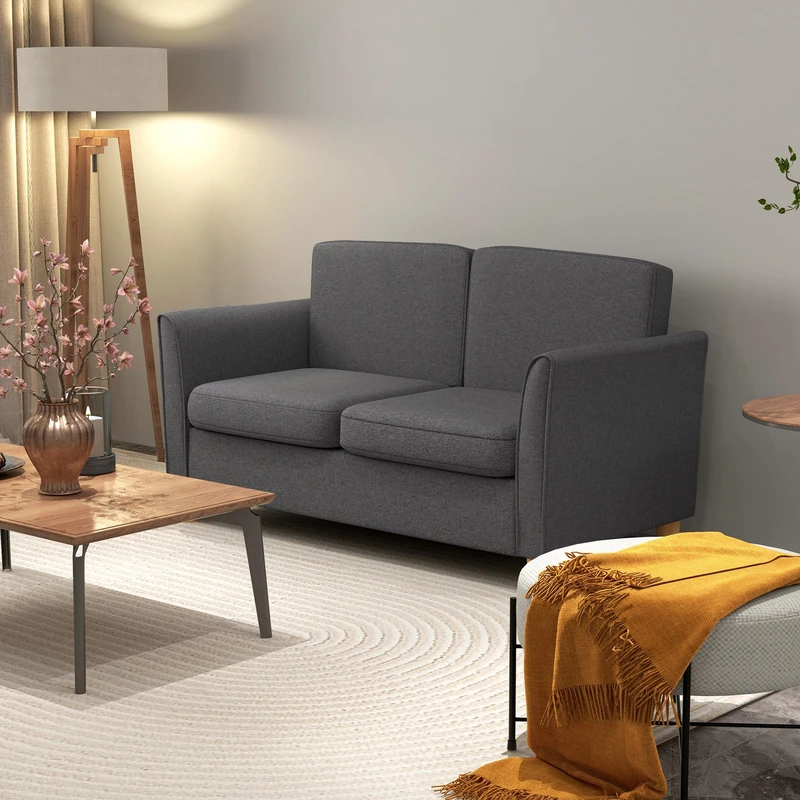 HOMCOM 2 Seater Sofa, Compact Loveseat, Linen Upholstered Couch with Wood Legs and Armrest, Small Sofa for Living Room and Home Office Dark Grey