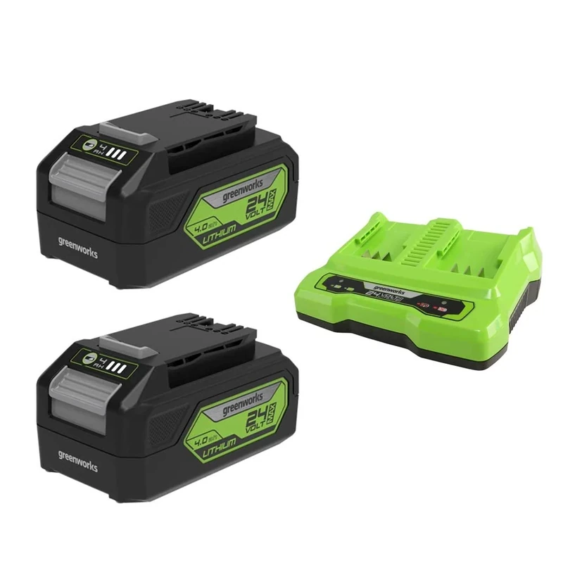 Greenworks 24V Battery G24B4 and Double Slot Charger G24X2C (Li-Ion 24V 4,0Ah 48W Output for All Devices of the 24V Greenworks Series)