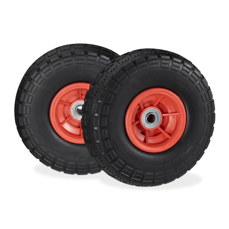 Relaxdays 2x sack truck wheel, puncture-proof solid rubber tires, 4.1/3.5-4”, 16 mm axle, up to 150 kg, 260x85 mm, black-red