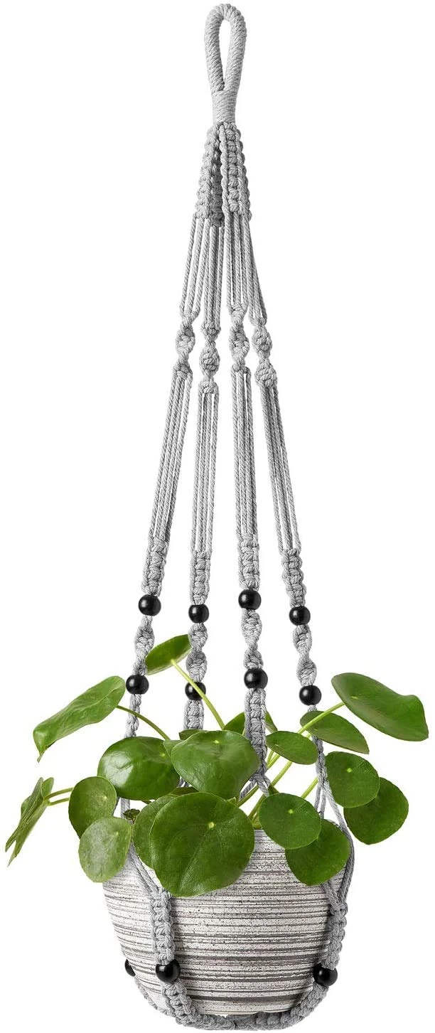 Mkouo Macrame Plant Hangers Indoor Hanging Planter Basket with Wood Beads Decorative Flower Pot Holder No Tassels for Indoor Outdoor Home Decor 89cm, Grey